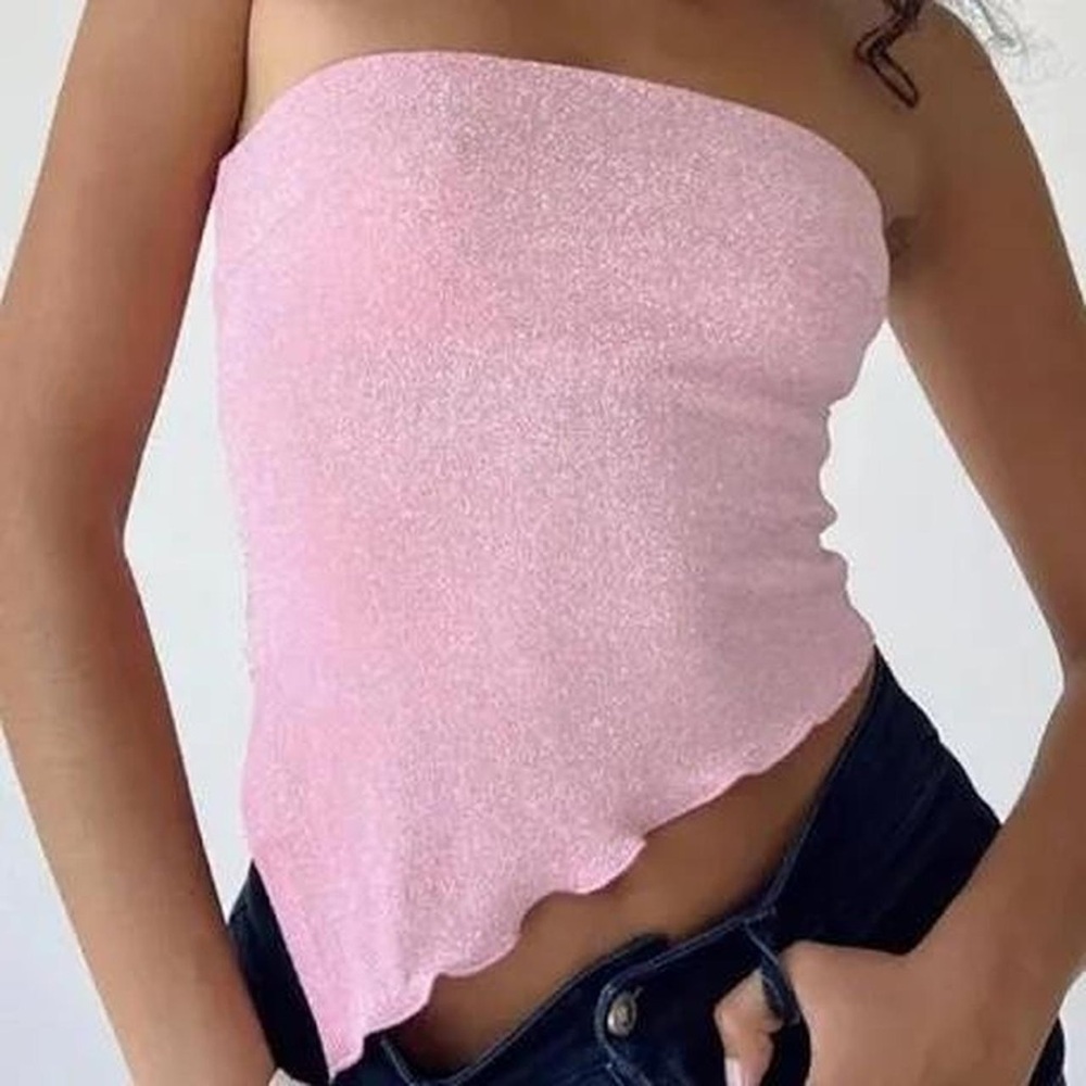 Princess Polly pink strapless asymmetric glitter top